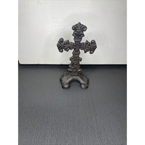 Vintage Metal Ornate Decorative Cross Stand Tabletop Rustic Religious Decor - Picture 1 of 5
